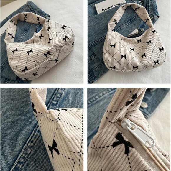 Women's Corduroy Bow Print Tote Bag Small Shoulder Handbag Travel Wallet - Picture 5 of 7